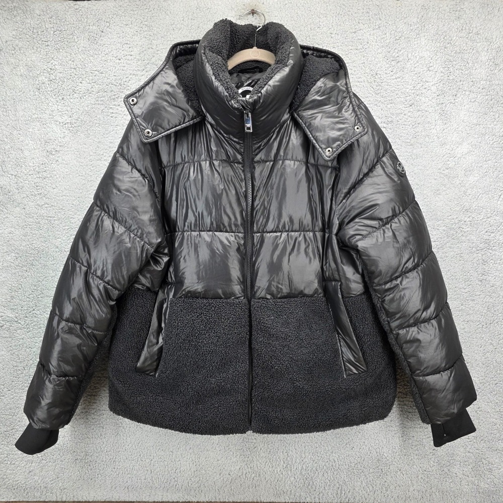 Michael Kors‎ Size XL Black Puffer Jacket Mixed Media Faux Shearling Hooded Coat